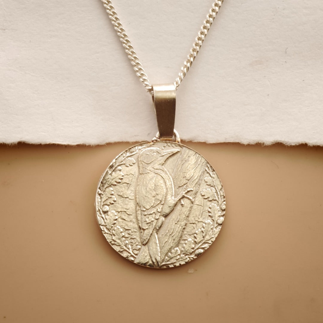 Woodpecker Engraved Sterling Silver Coin Necklace
