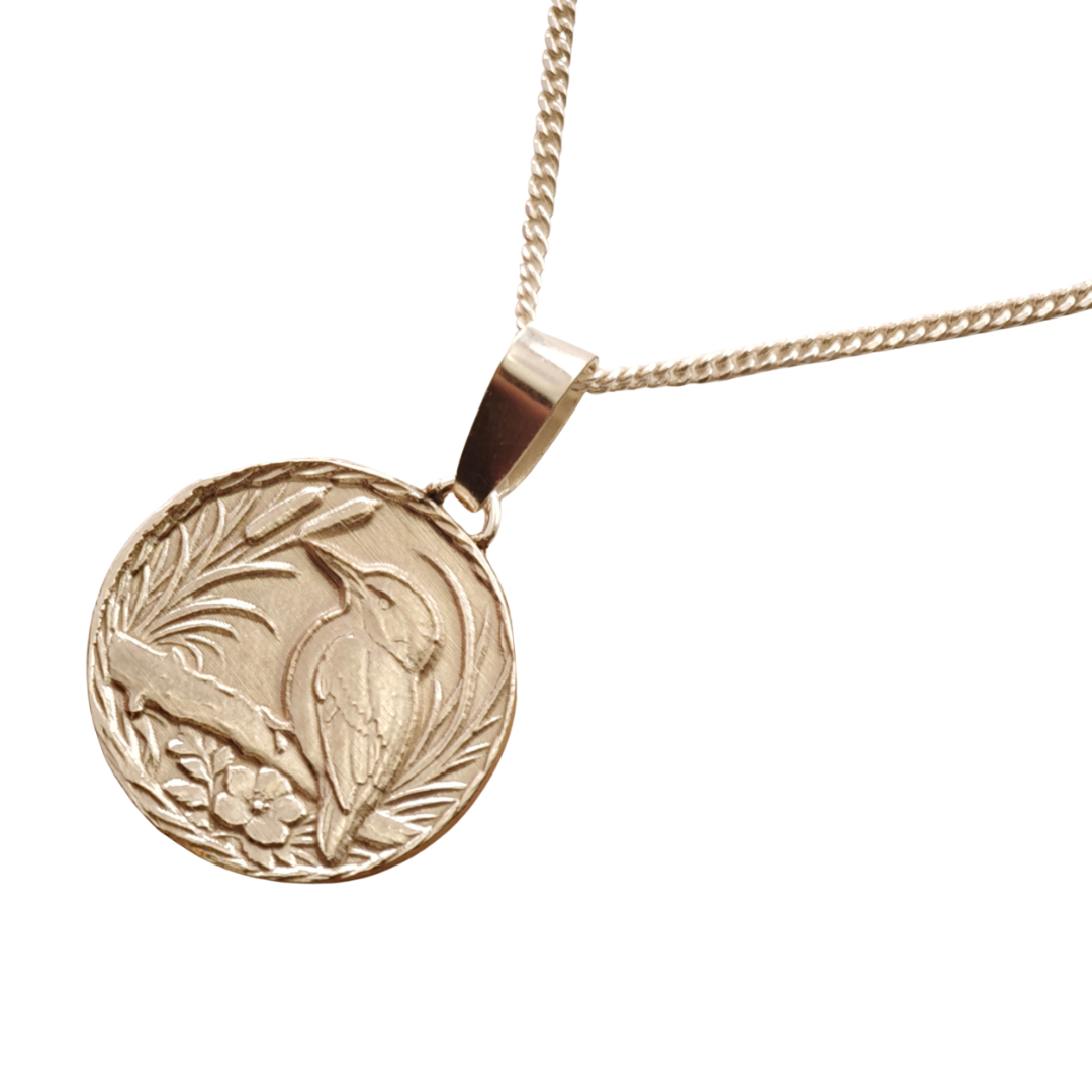 Kingfisher Engraved Sterling Silver Coin Necklace