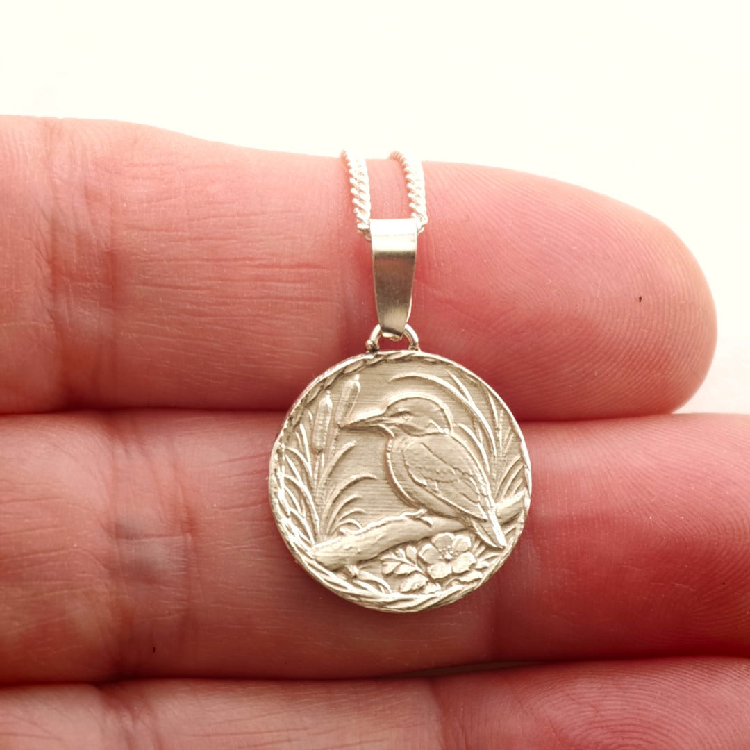 Kingfisher Engraved Sterling Silver Coin Necklace