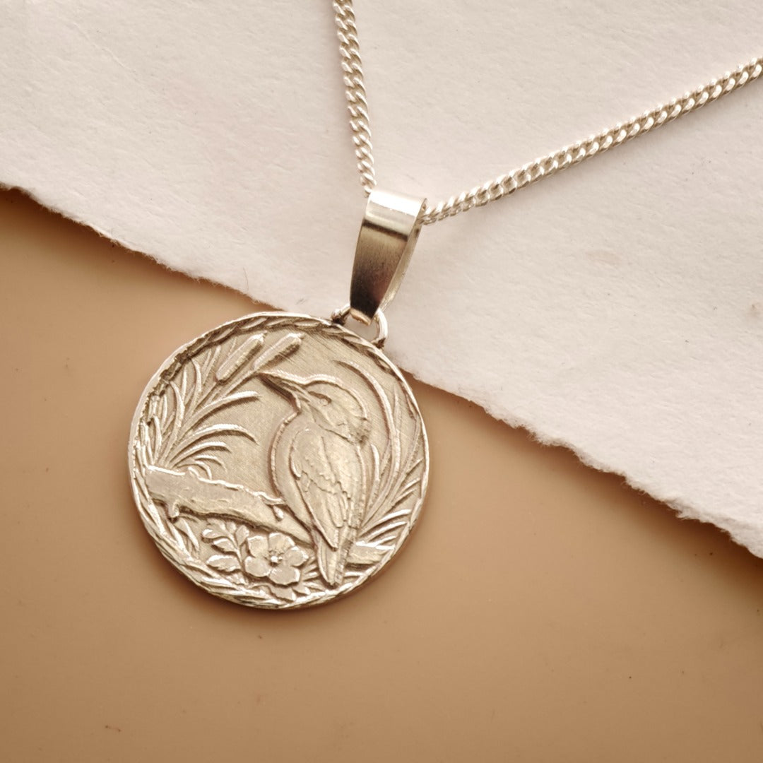 Kingfisher Engraved Sterling Silver Coin Necklace