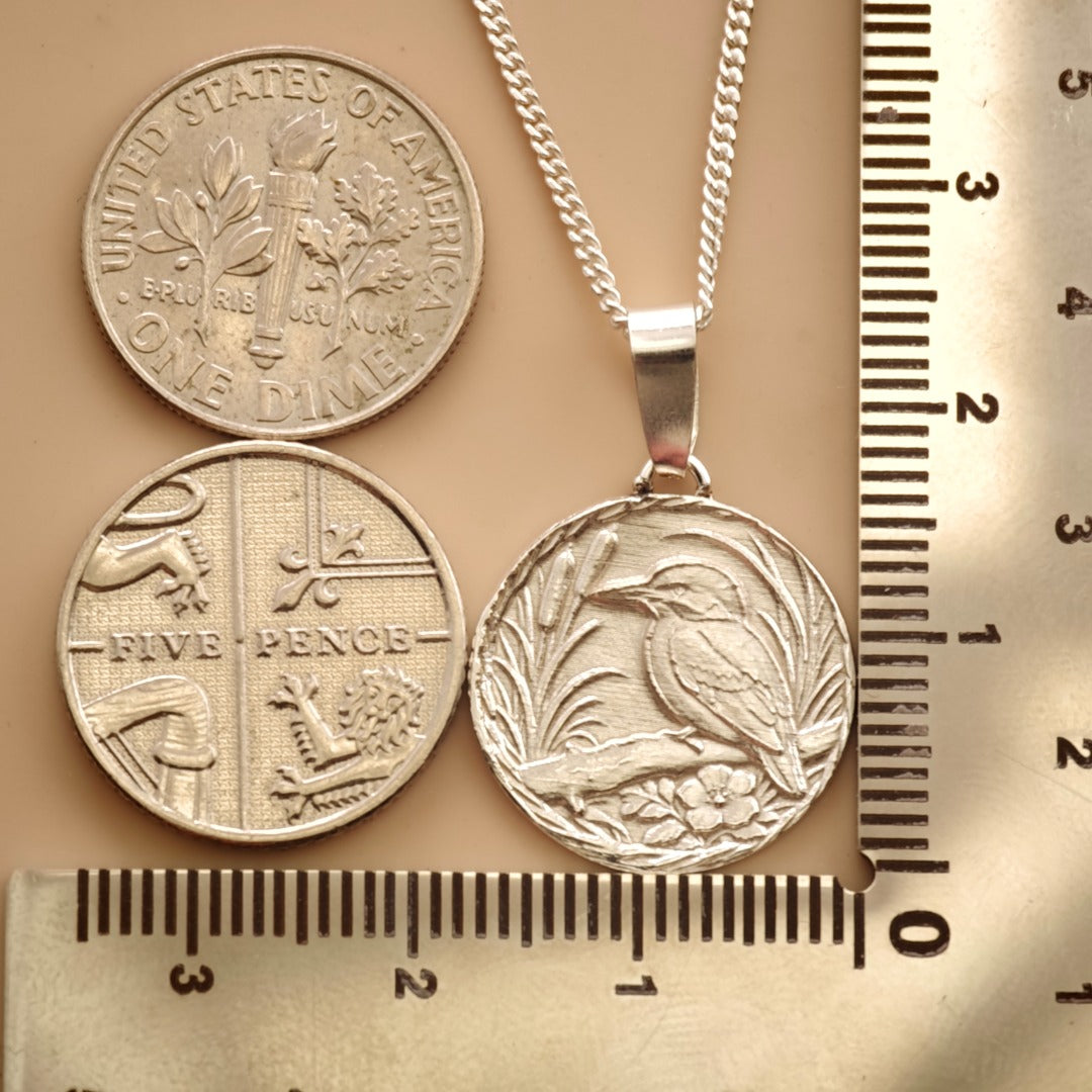 Kingfisher Engraved Sterling Silver Coin Necklace