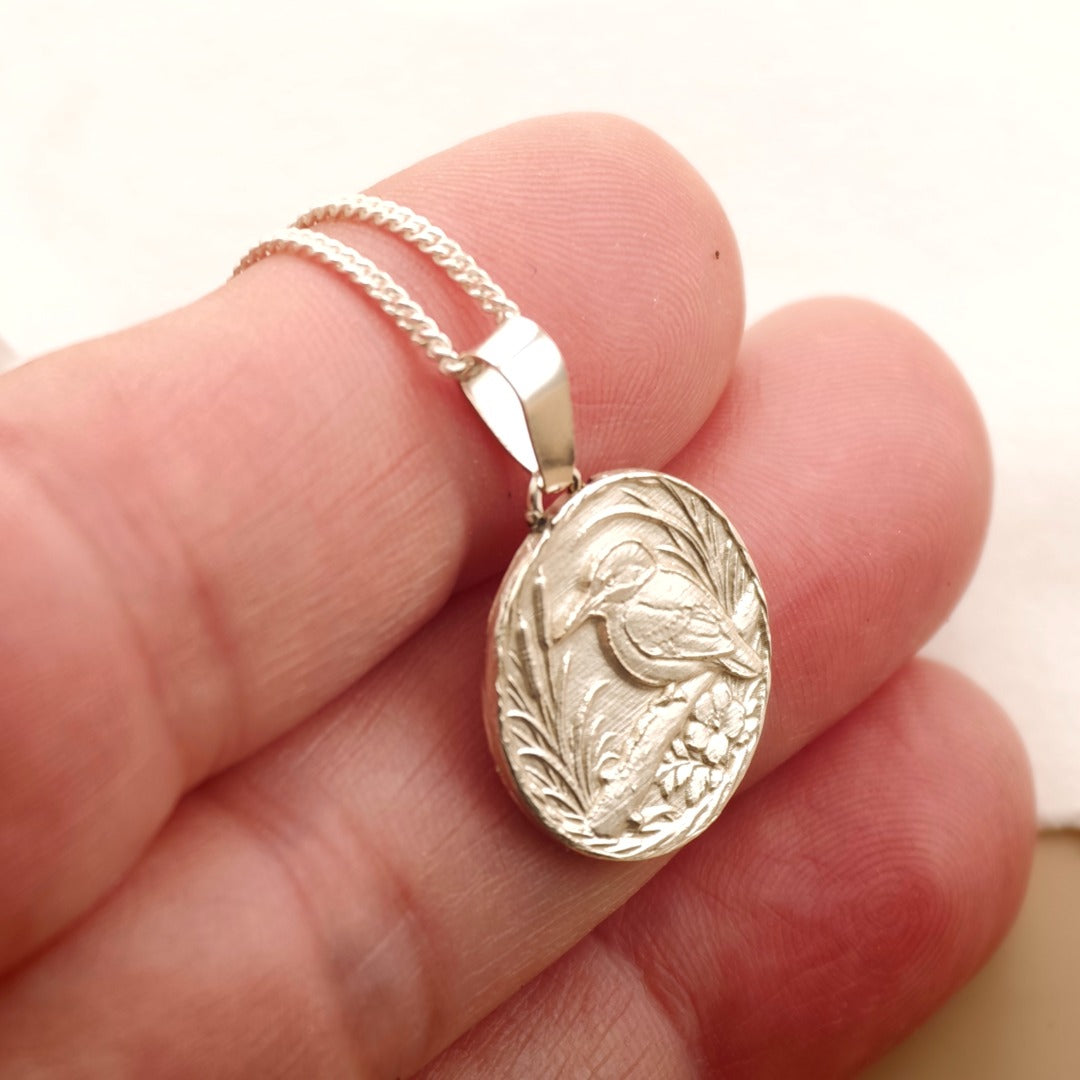 Kingfisher Engraved Sterling Silver Coin Necklace
