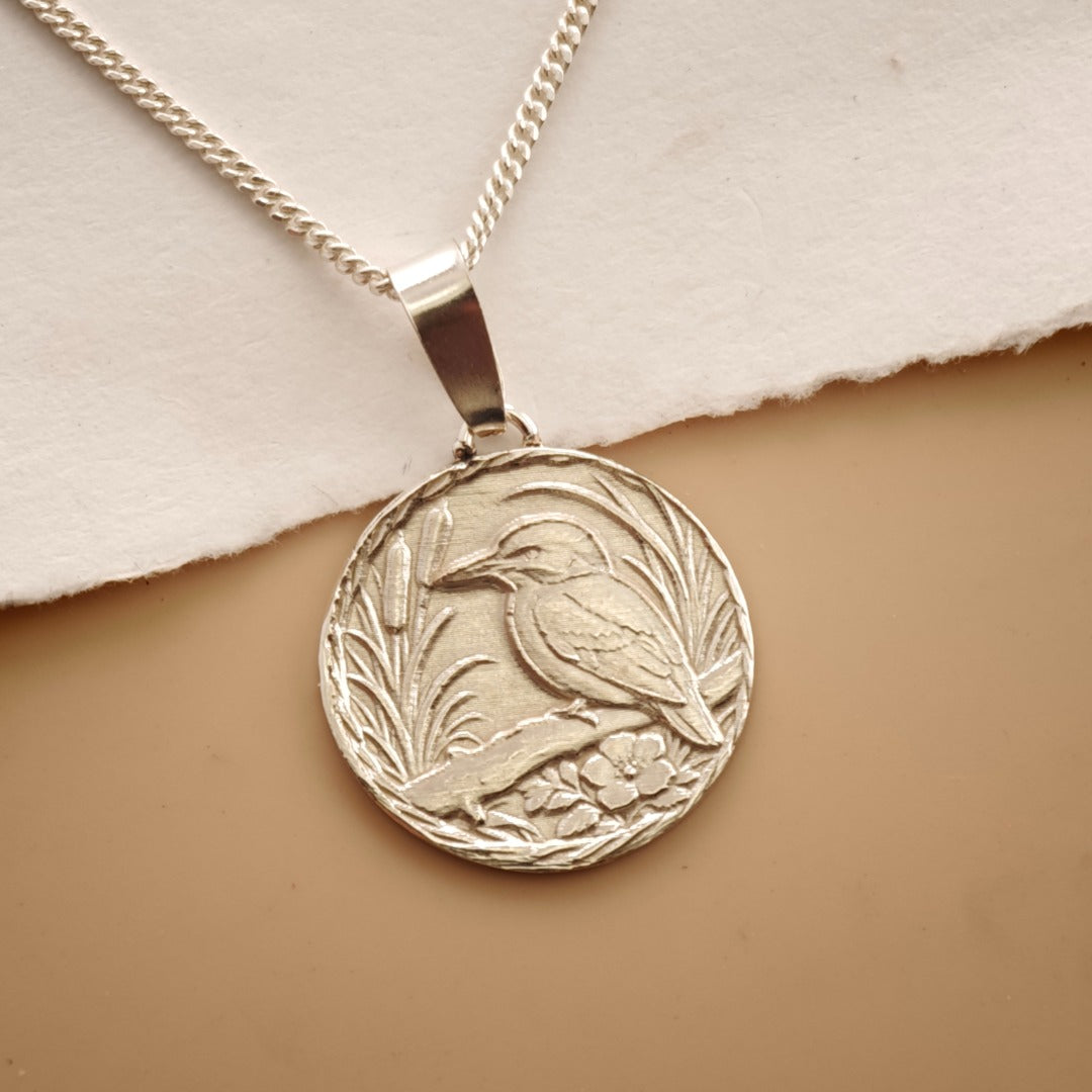 Kingfisher Engraved Sterling Silver Coin Necklace