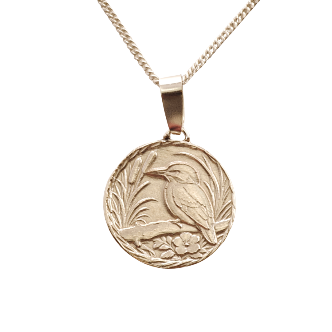 Kingfisher Engraved Sterling Silver Coin Necklace
