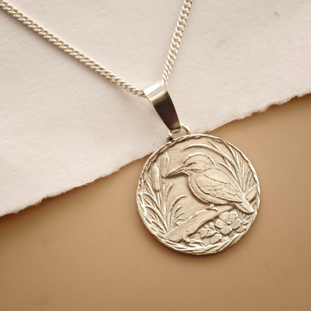 Kingfisher Engraved Sterling Silver Coin Necklace