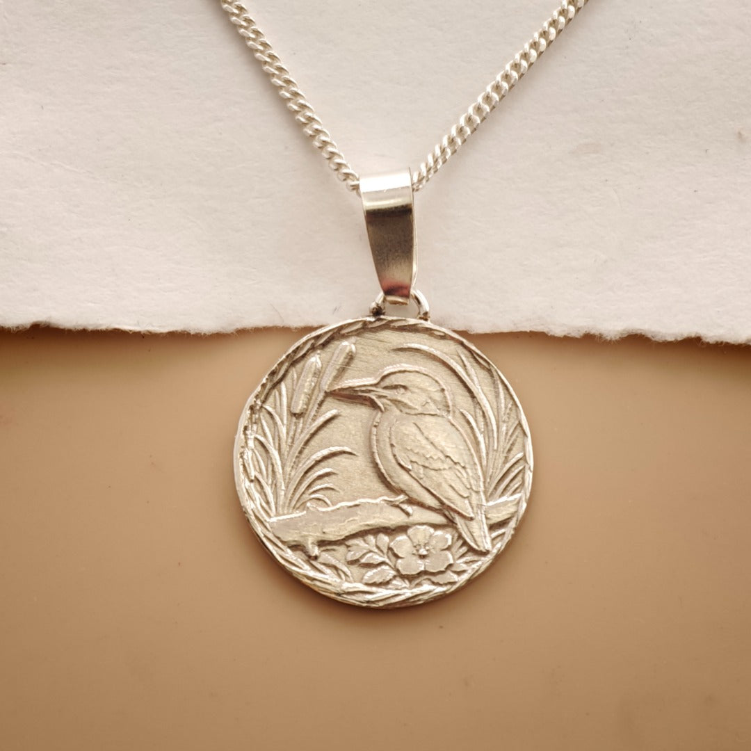 Kingfisher Engraved Sterling Silver Coin Necklace