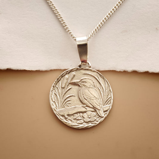 Kingfisher Engraved Sterling Silver Coin Necklace