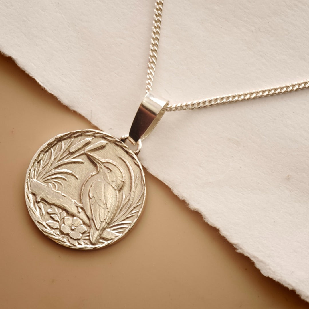 Kingfisher Engraved Sterling Silver Coin Necklace