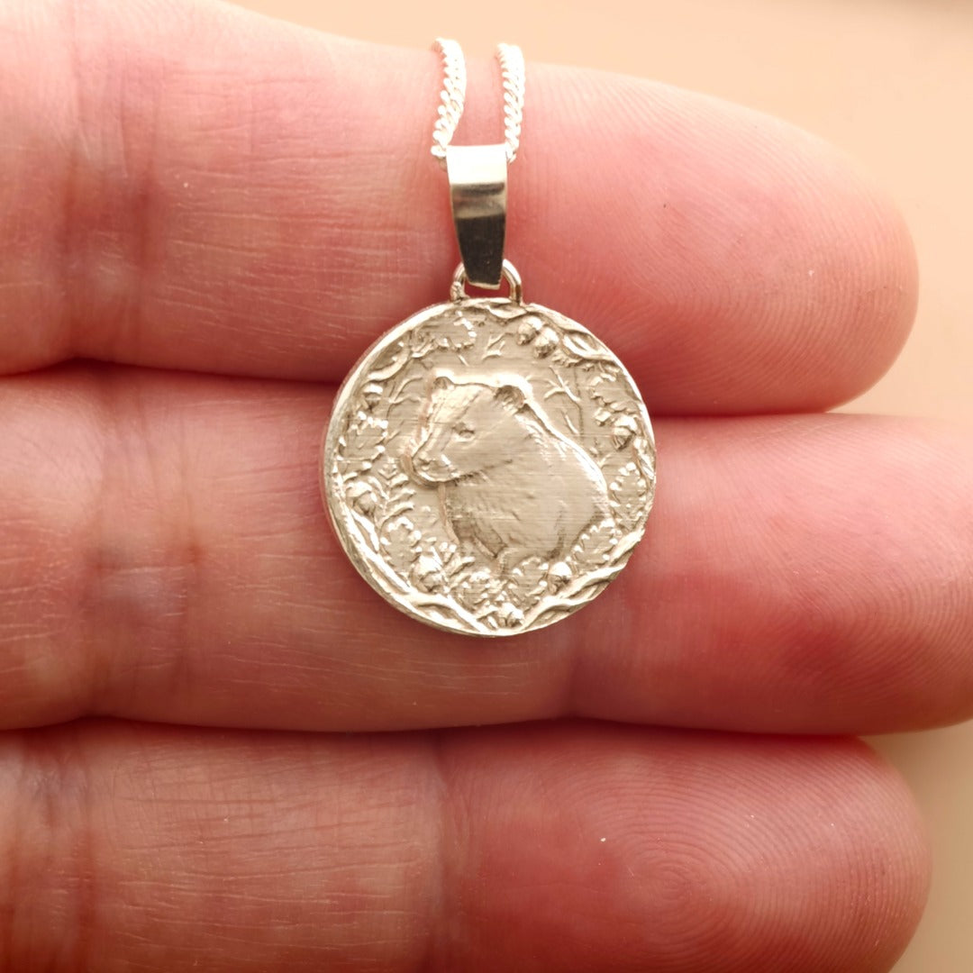 Badger Engraved Sterling Silver Coin Necklace