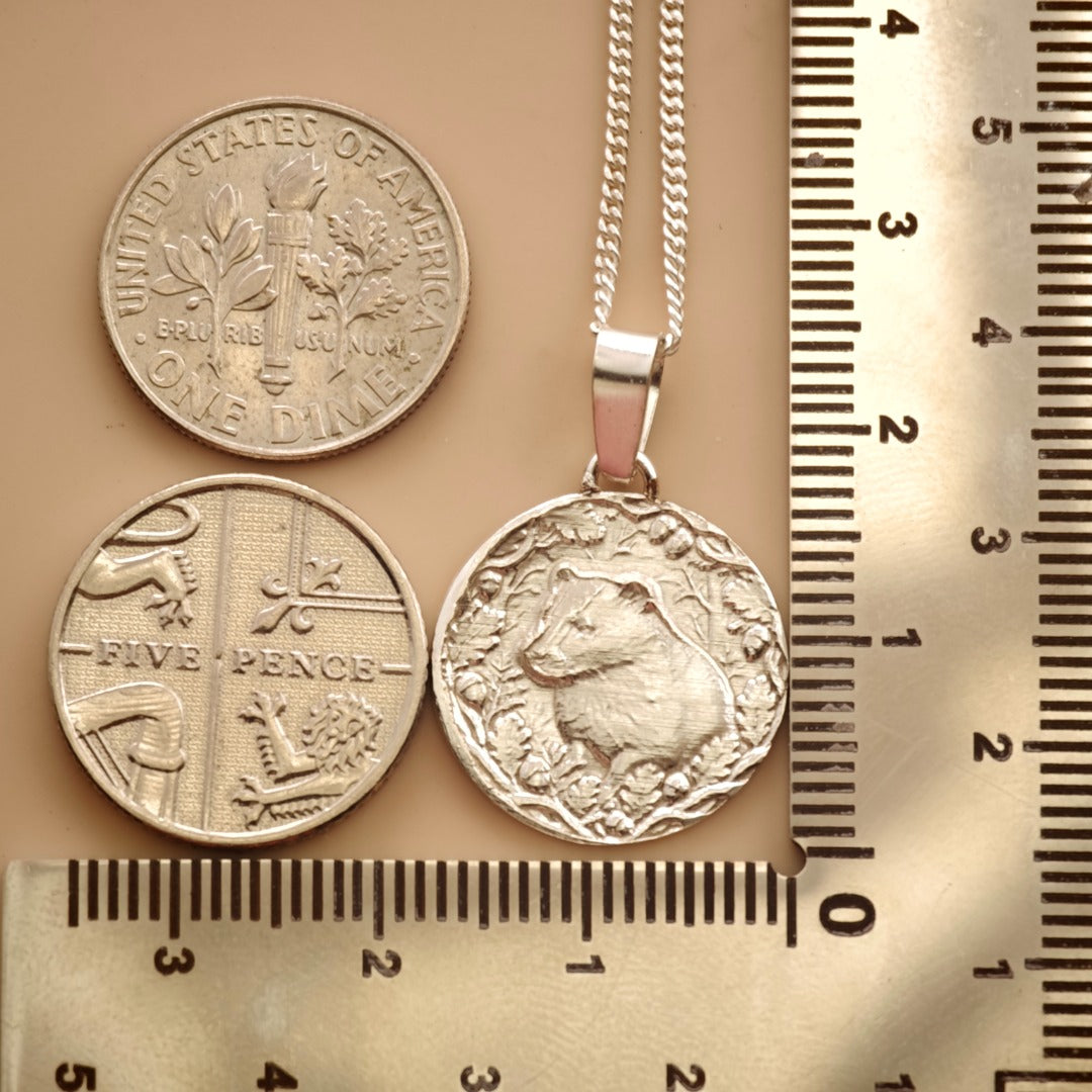 Badger Engraved Sterling Silver Coin Necklace