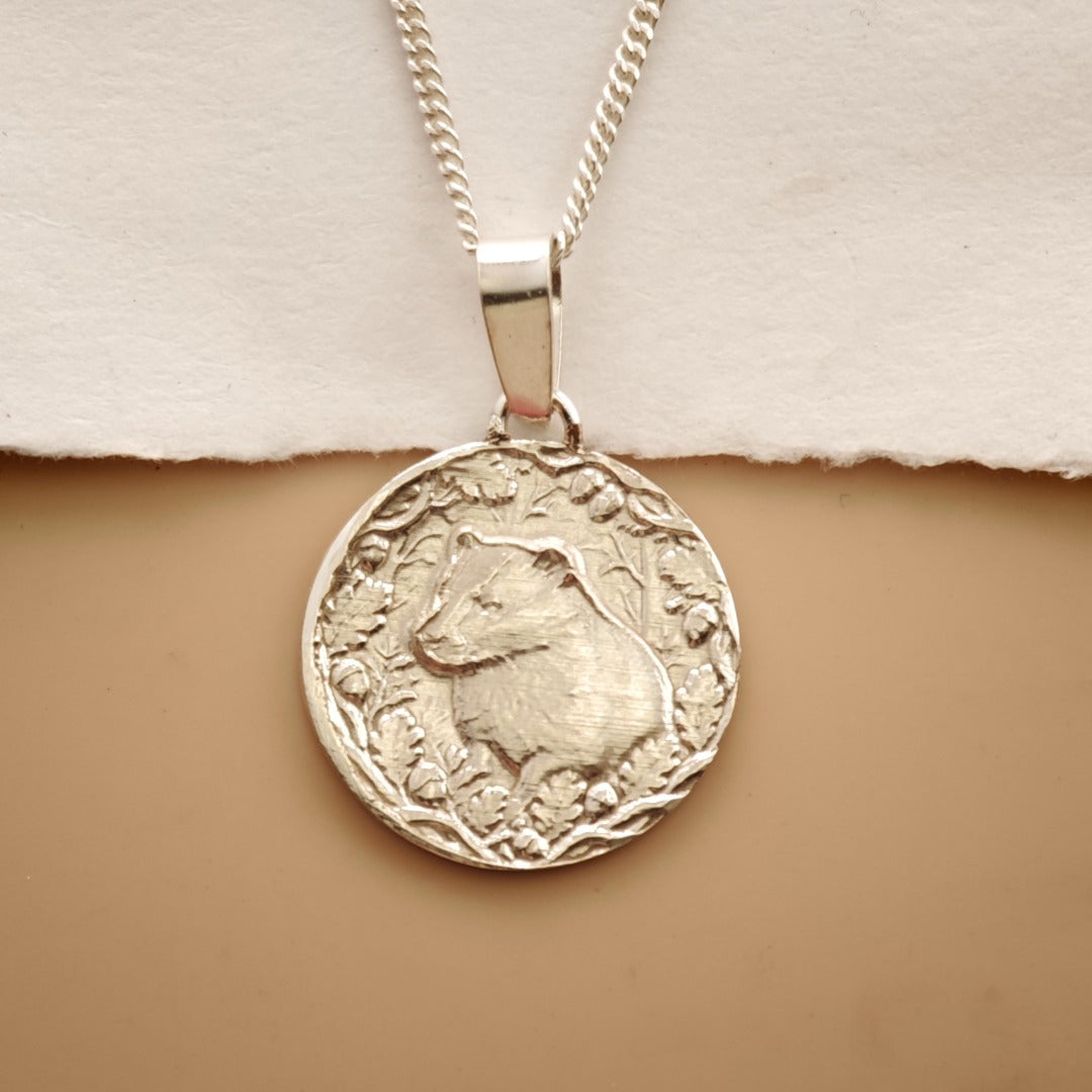 Badger Engraved Sterling Silver Coin Necklace