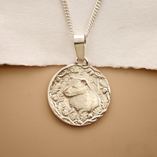 Badger Engraved Sterling Silver Coin Necklace