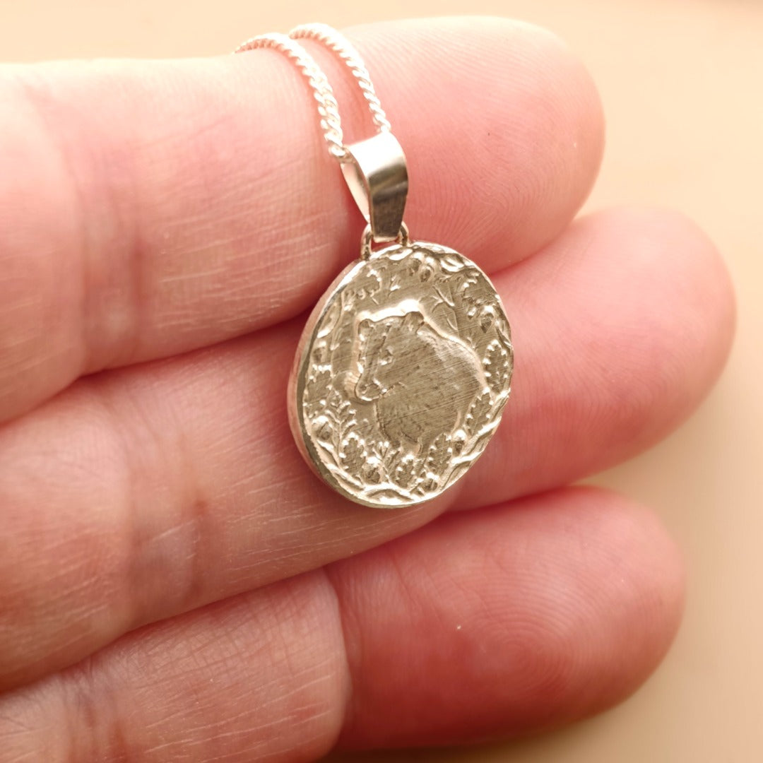 Badger Engraved Sterling Silver Coin Necklace