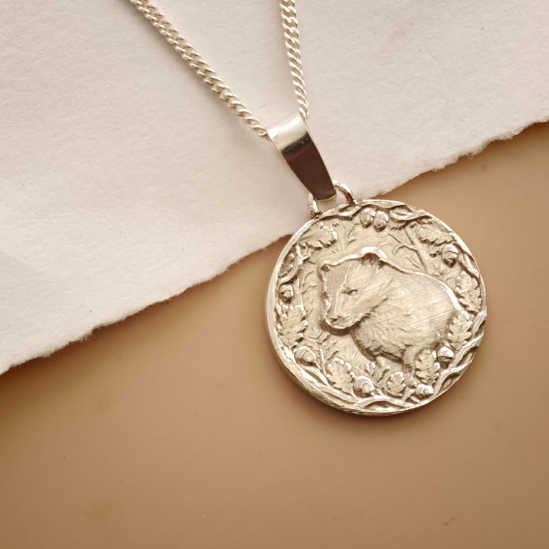 Badger Engraved Sterling Silver Coin Necklace