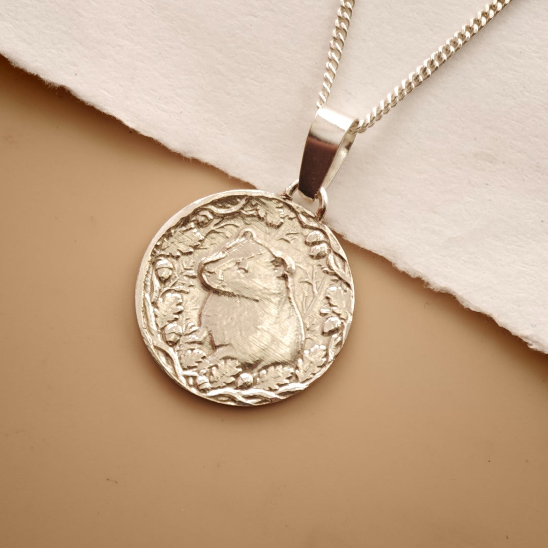 Badger Engraved Sterling Silver Coin Necklace