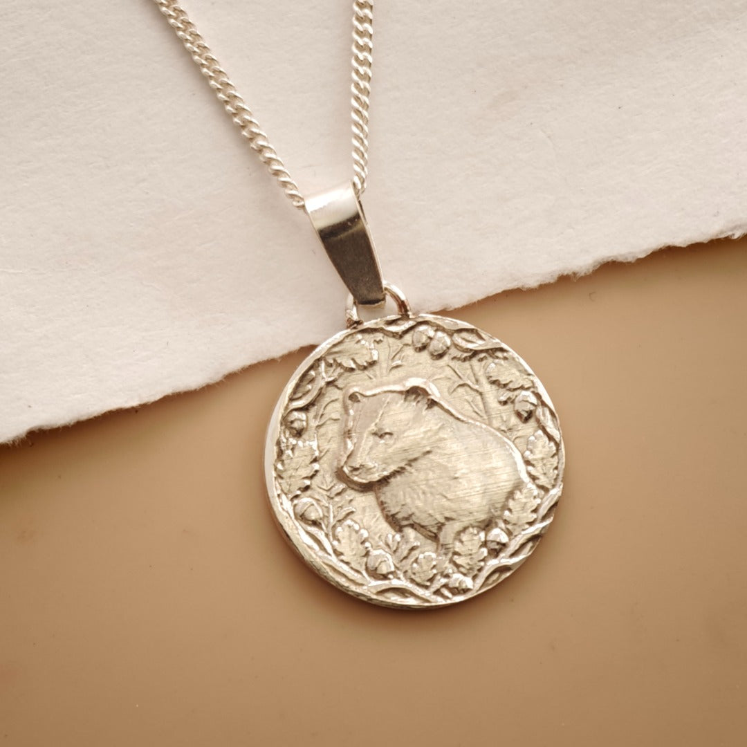 Badger Engraved Sterling Silver Coin Necklace