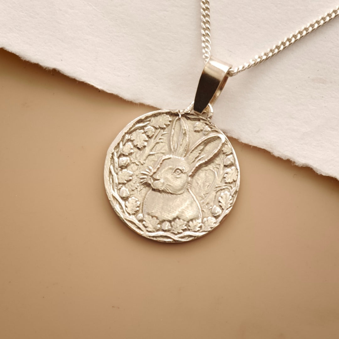 Hare Engraved Sterling Silver Coin Necklace