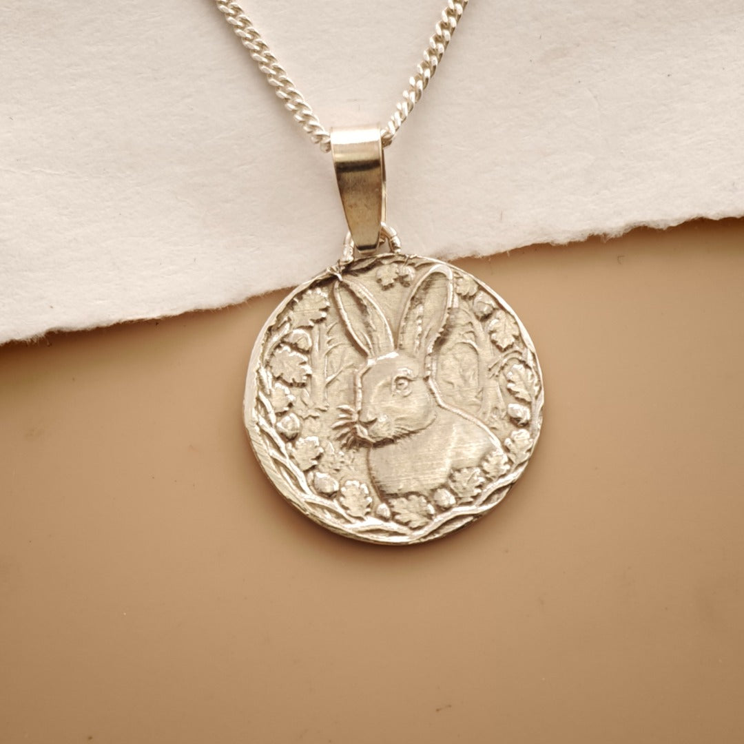 Hare Engraved Sterling Silver Coin Necklace
