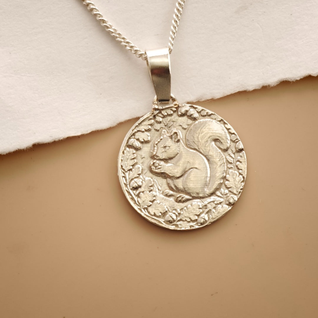 Squirrel Engraved Sterling Silver Coin Necklace