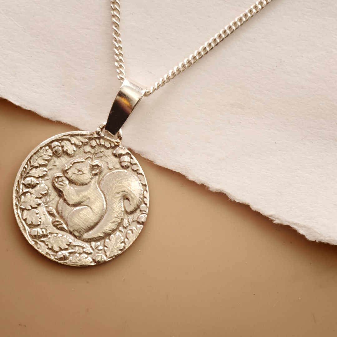 Squirrel Engraved Sterling Silver Coin Necklace