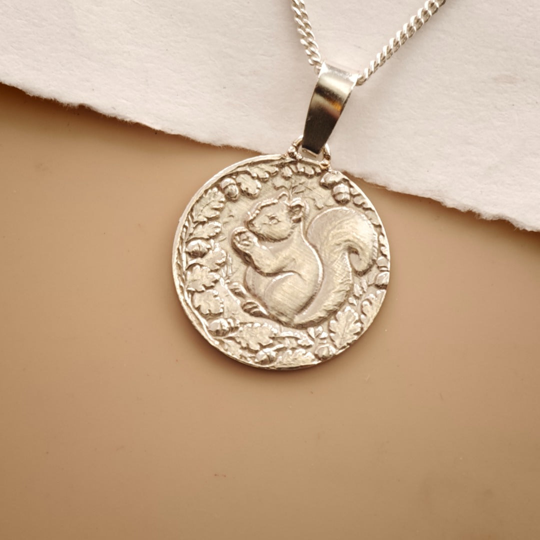 Squirrel Engraved Sterling Silver Coin Necklace