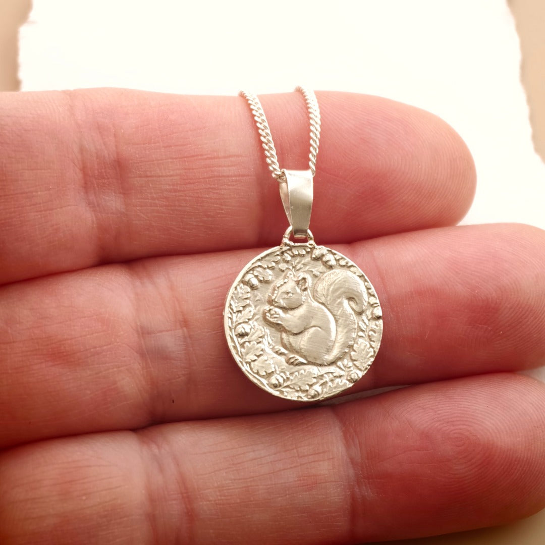 Squirrel Engraved Sterling Silver Coin Necklace