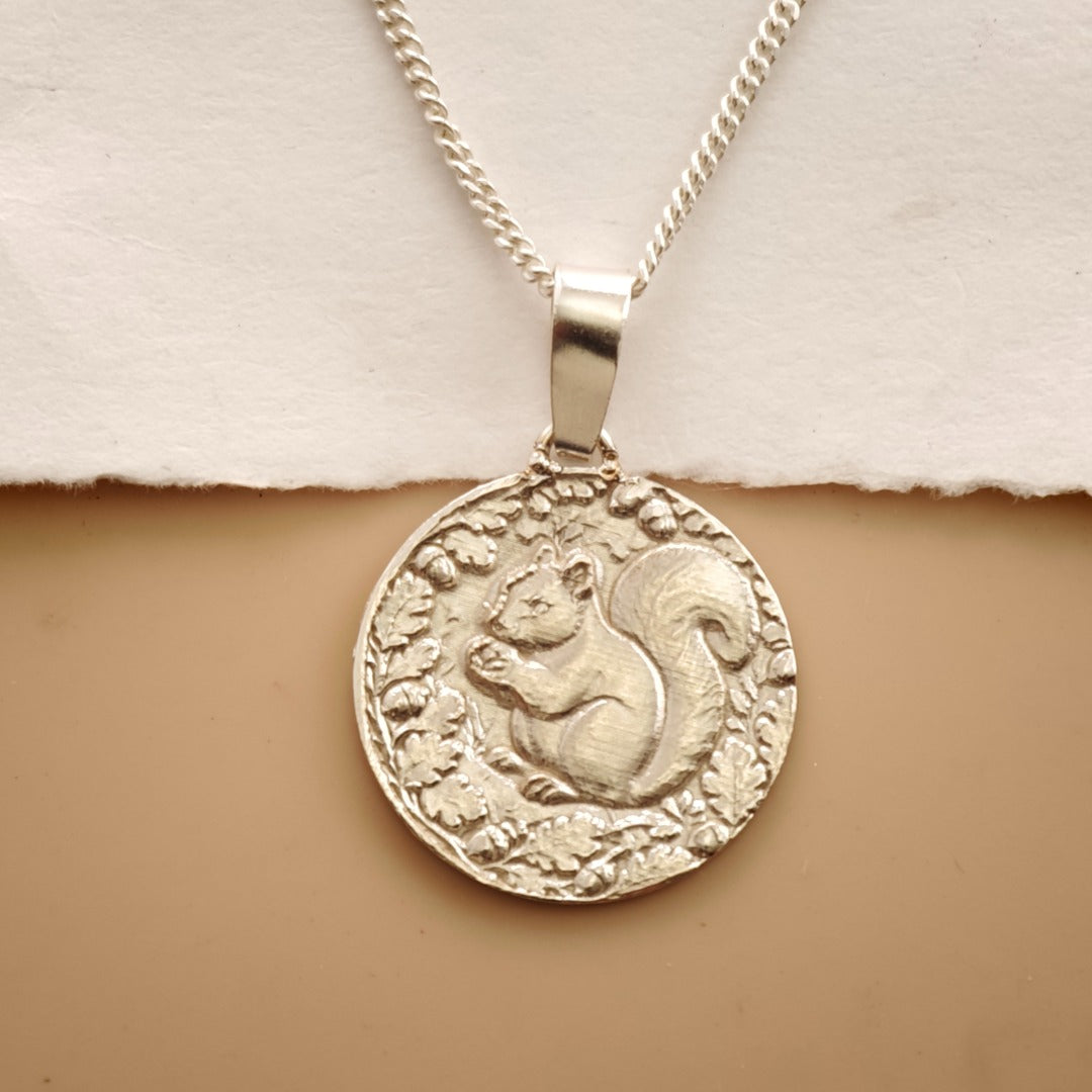 Squirrel Engraved Sterling Silver Coin Necklace