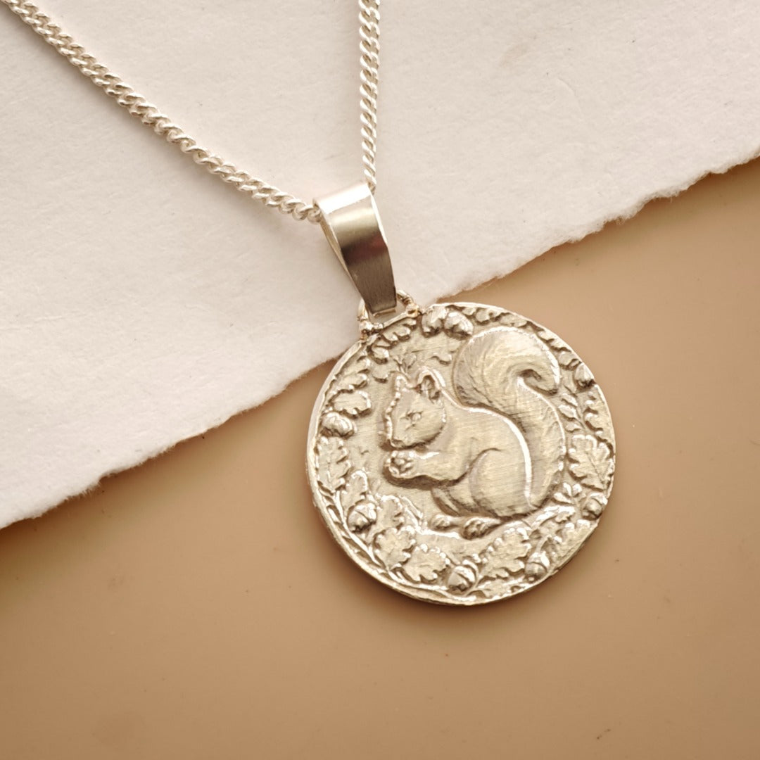 Squirrel Engraved Sterling Silver Coin Necklace