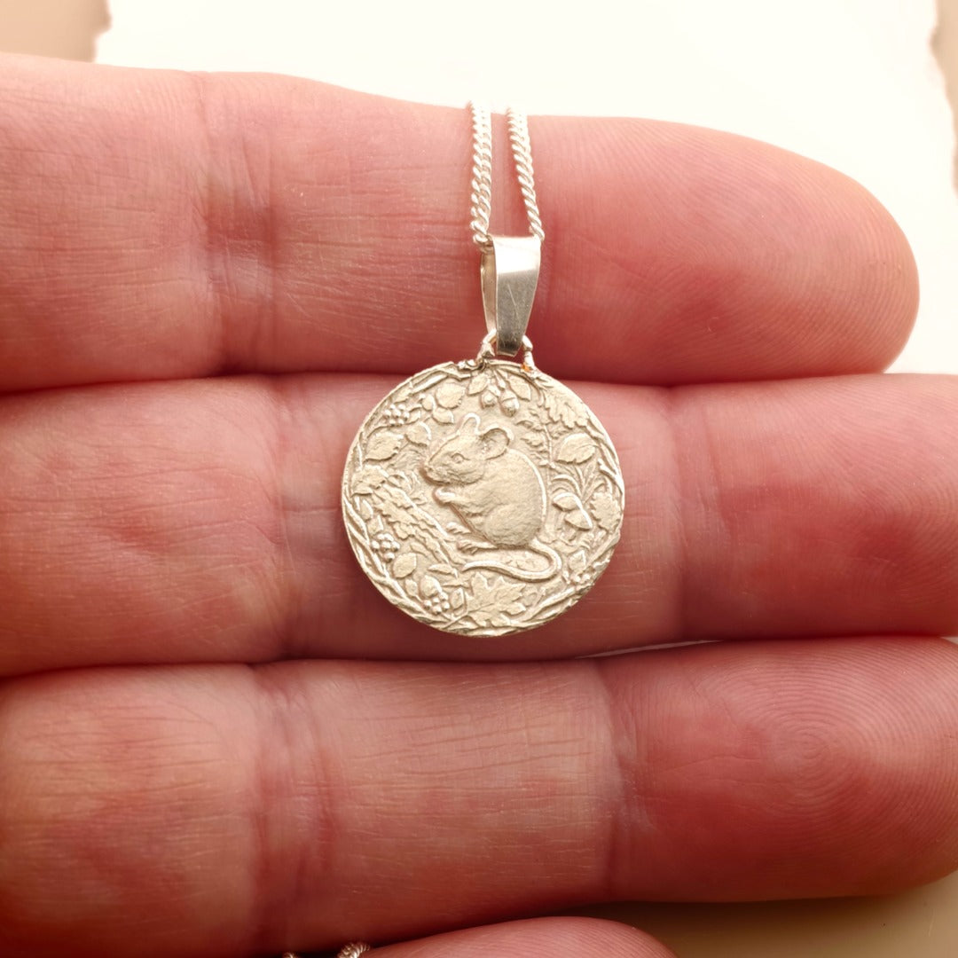 Mouse Engraved Sterling Silver Coin Necklace