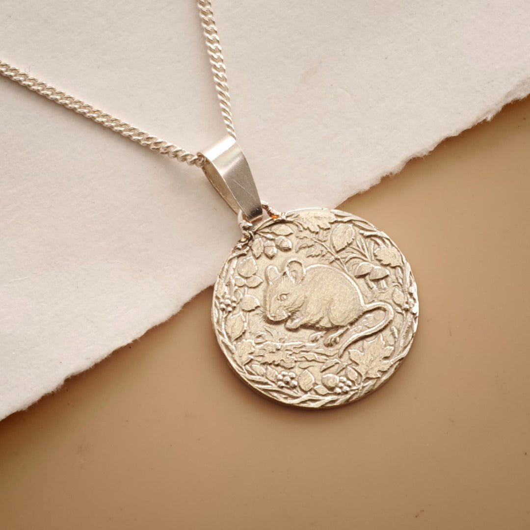 Mouse Engraved Sterling Silver Coin Necklace