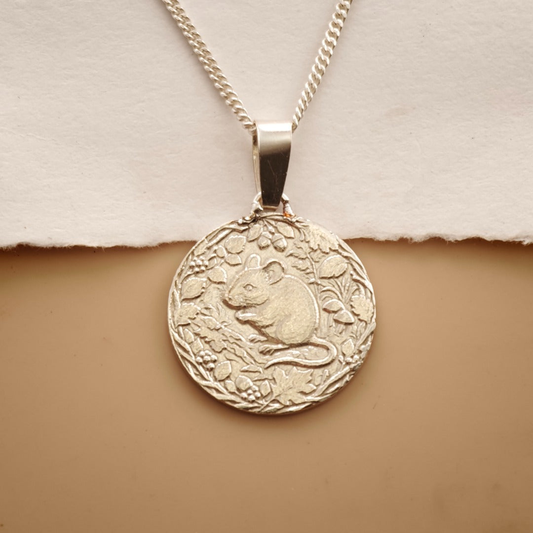 Mouse Engraved Sterling Silver Coin Necklace