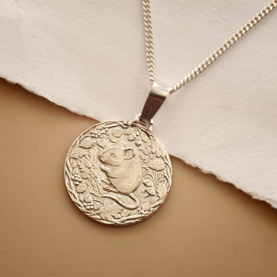 Mouse Engraved Sterling Silver Coin Necklace