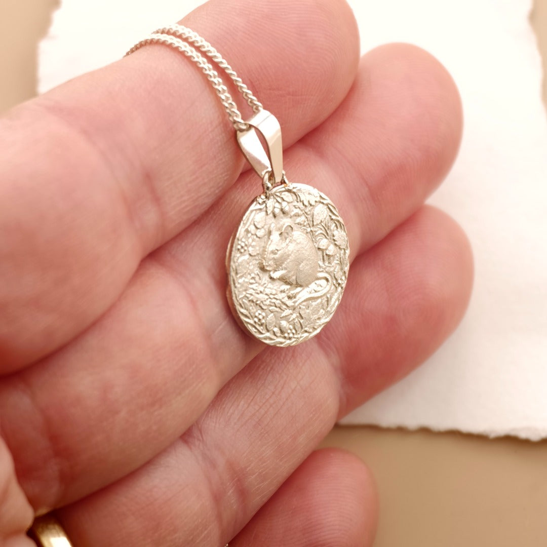 Mouse Engraved Sterling Silver Coin Necklace