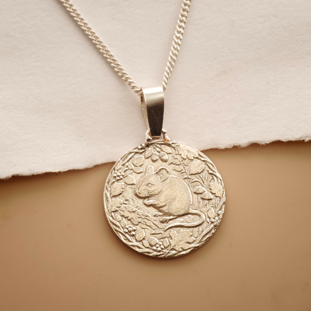 Mouse Engraved Sterling Silver Coin Necklace