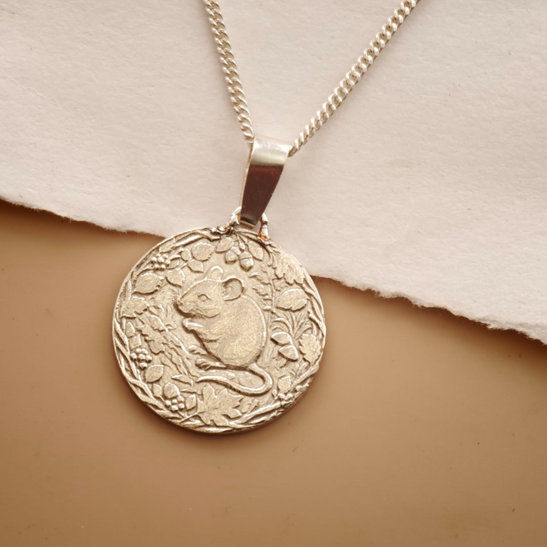 Mouse Engraved Sterling Silver Coin Necklace