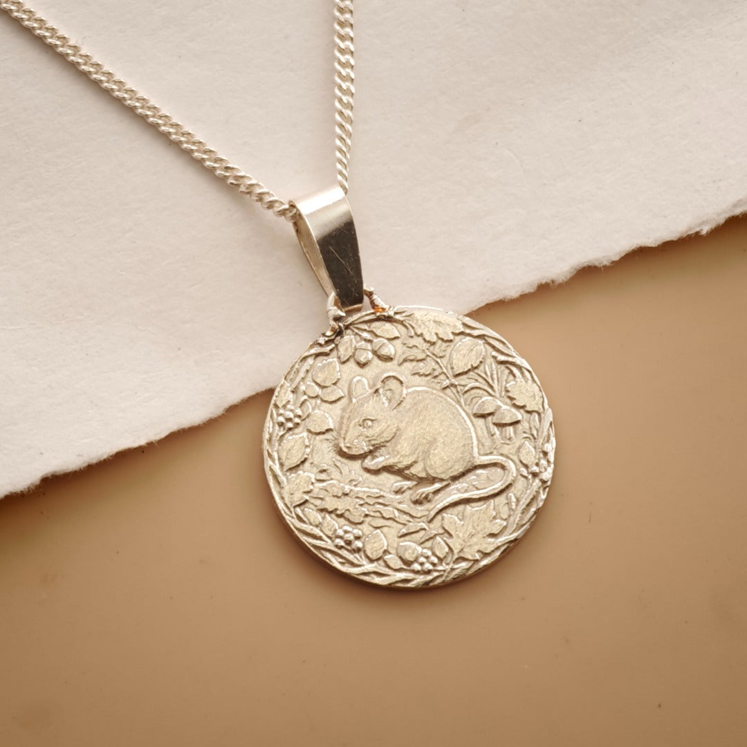 Mouse Engraved Sterling Silver Coin Necklace