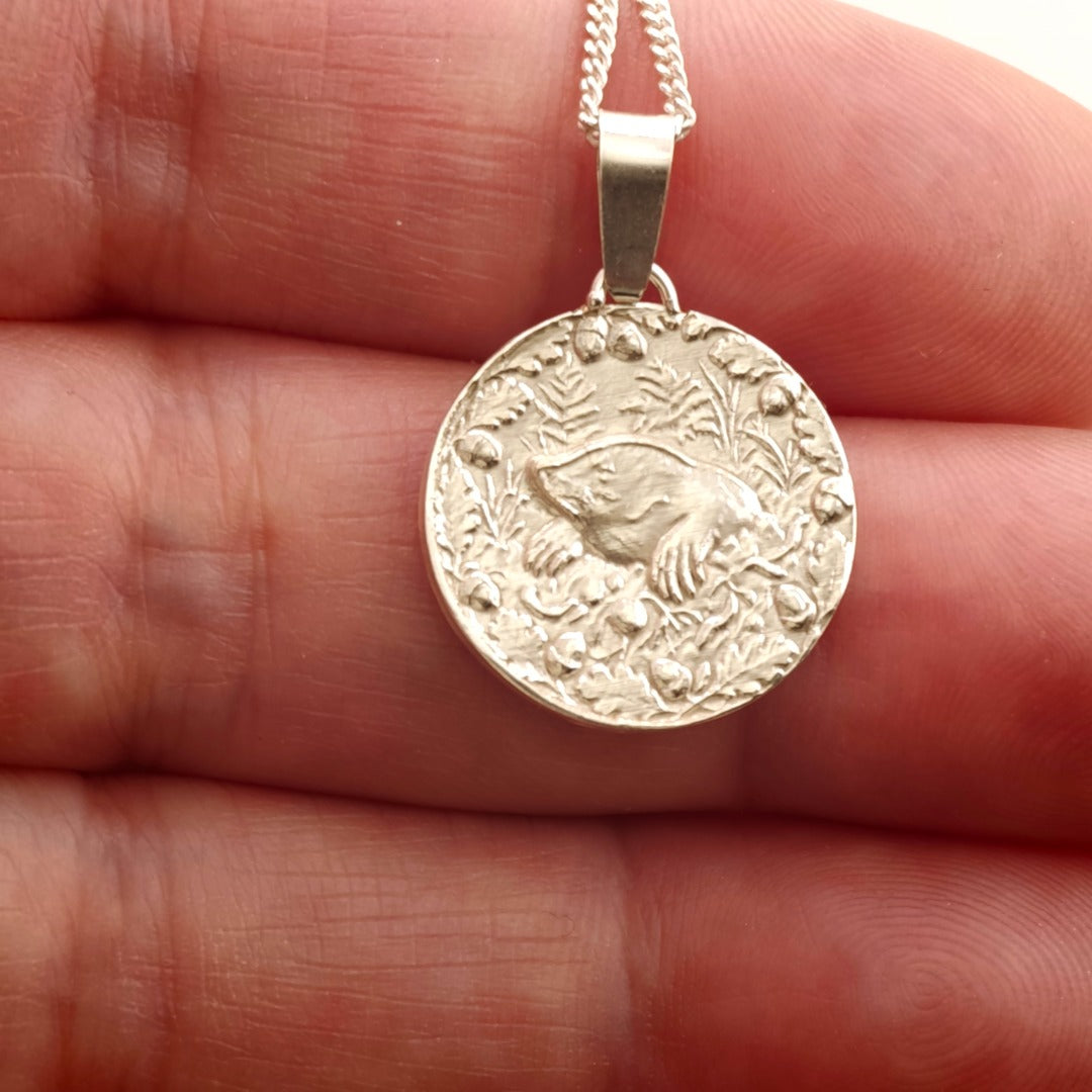 Mole Engraved Sterling Silver Coin Necklace