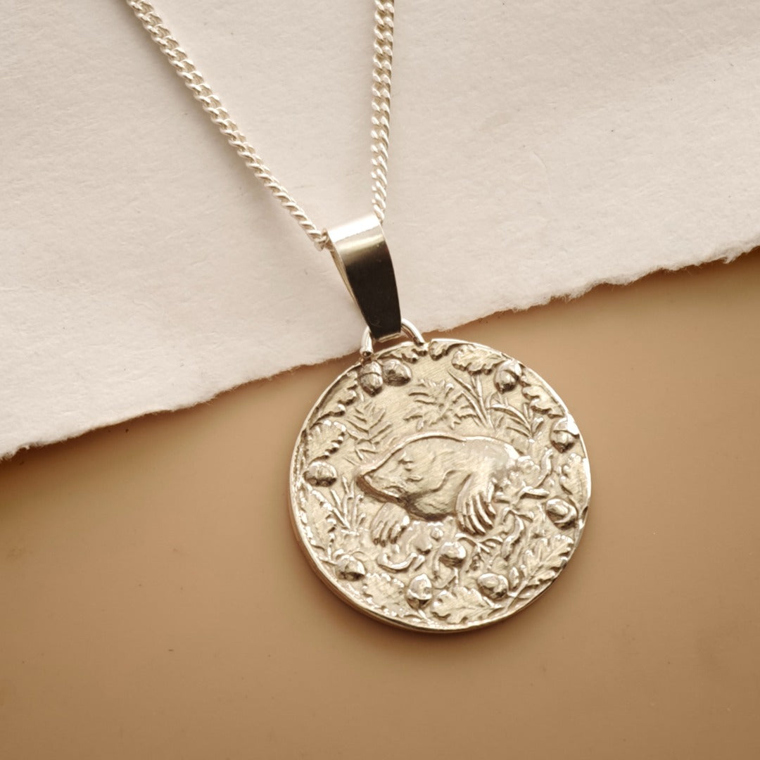Mole Engraved Sterling Silver Coin Necklace