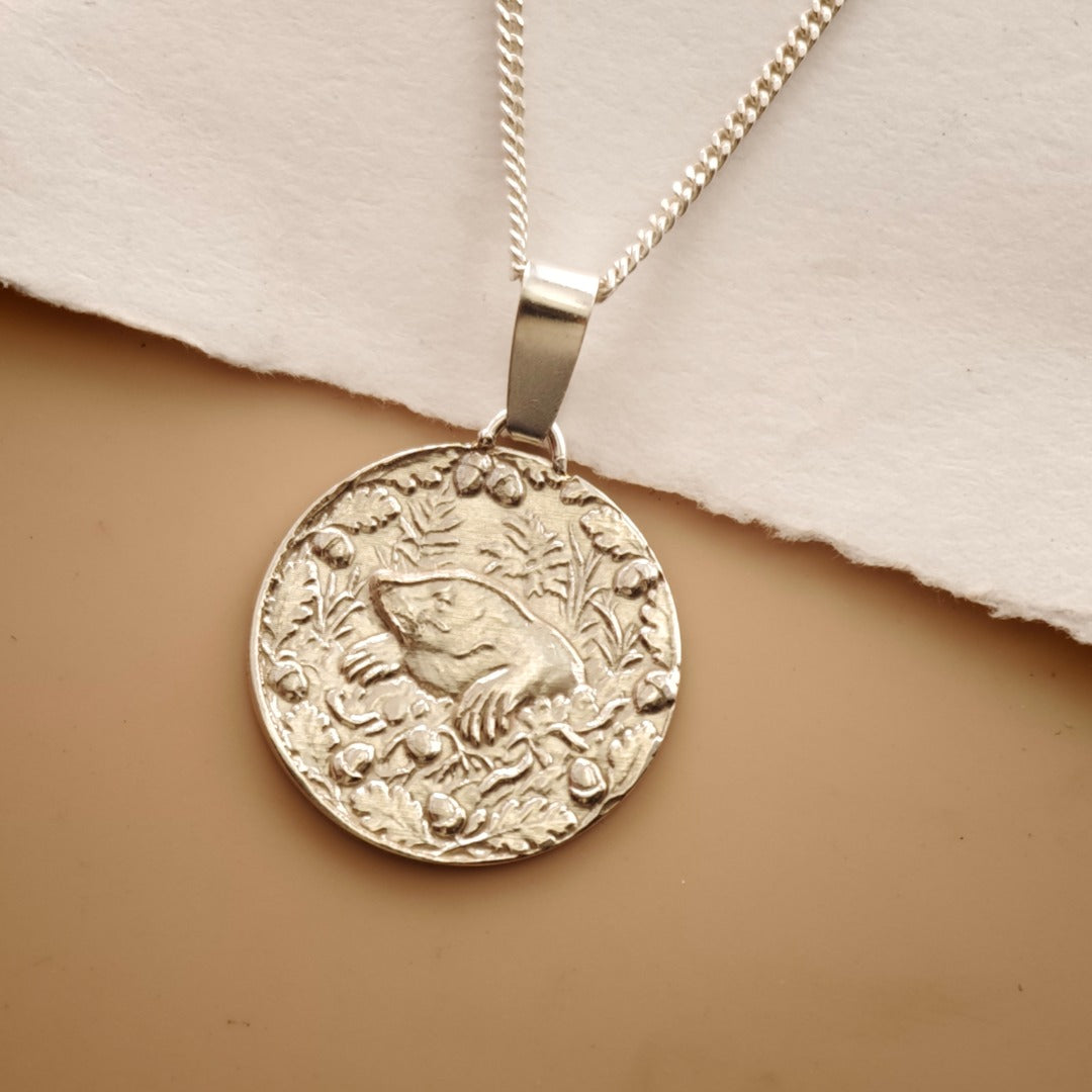 Mole Engraved Sterling Silver Coin Necklace