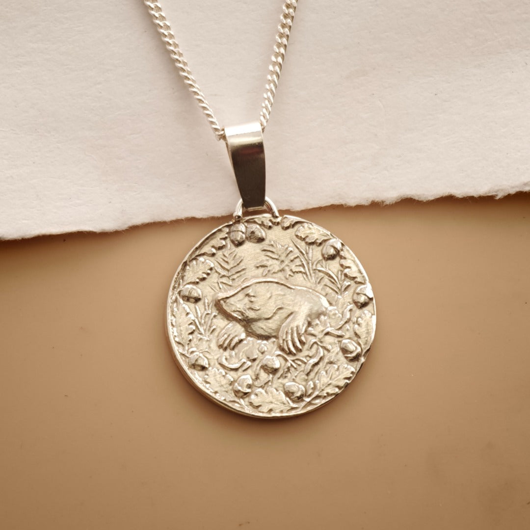 Mole Engraved Sterling Silver Coin Necklace