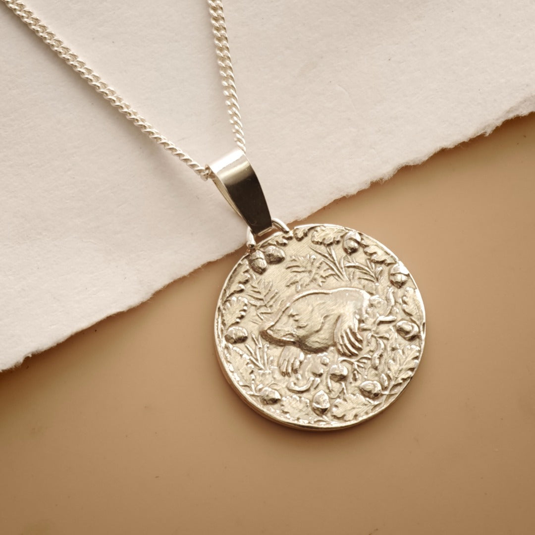 Mole Engraved Sterling Silver Coin Necklace