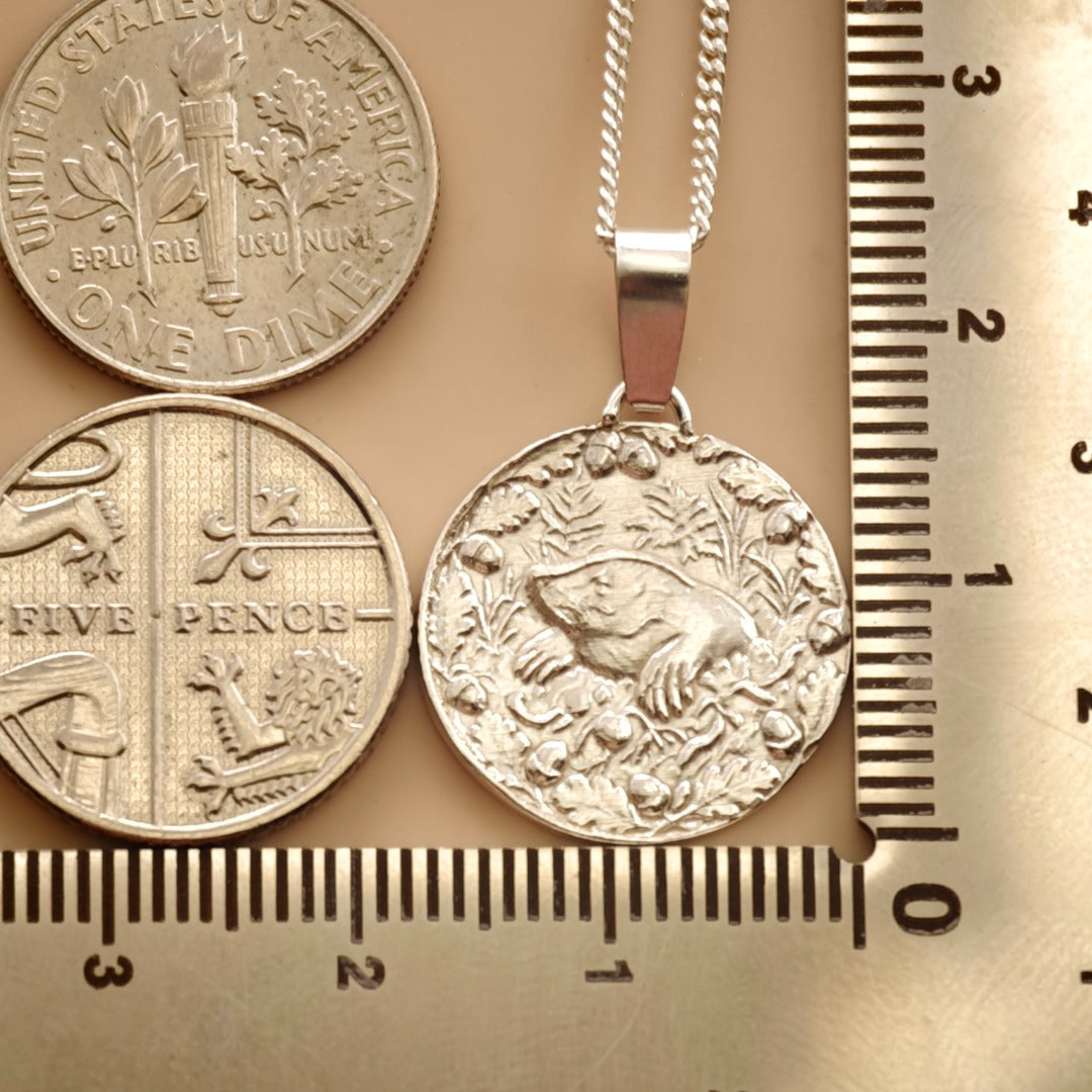 Mole Engraved Sterling Silver Coin Necklace