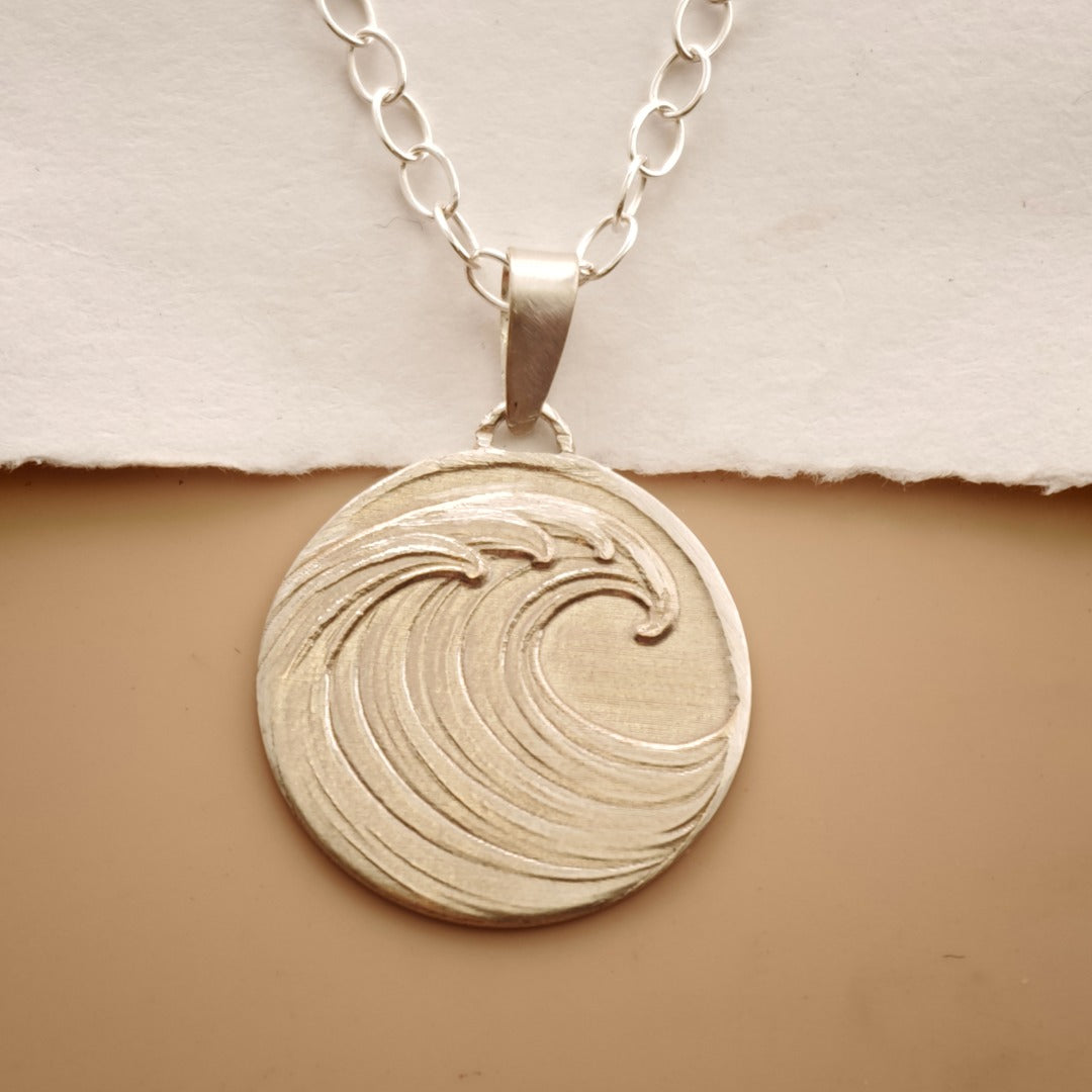 Wave Engraved Sterling Silver Coin Necklace