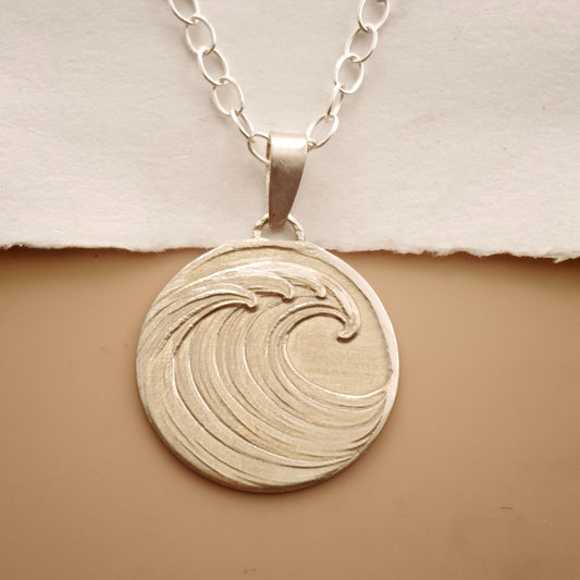 Wave Engraved Sterling Silver Coin Necklace
