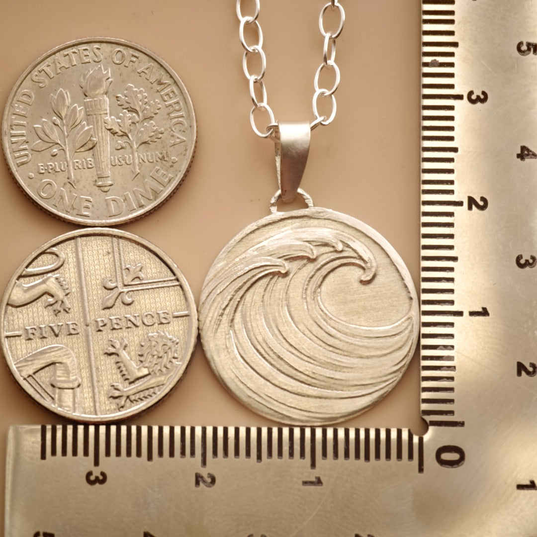 Wave Engraved Sterling Silver Coin Necklace