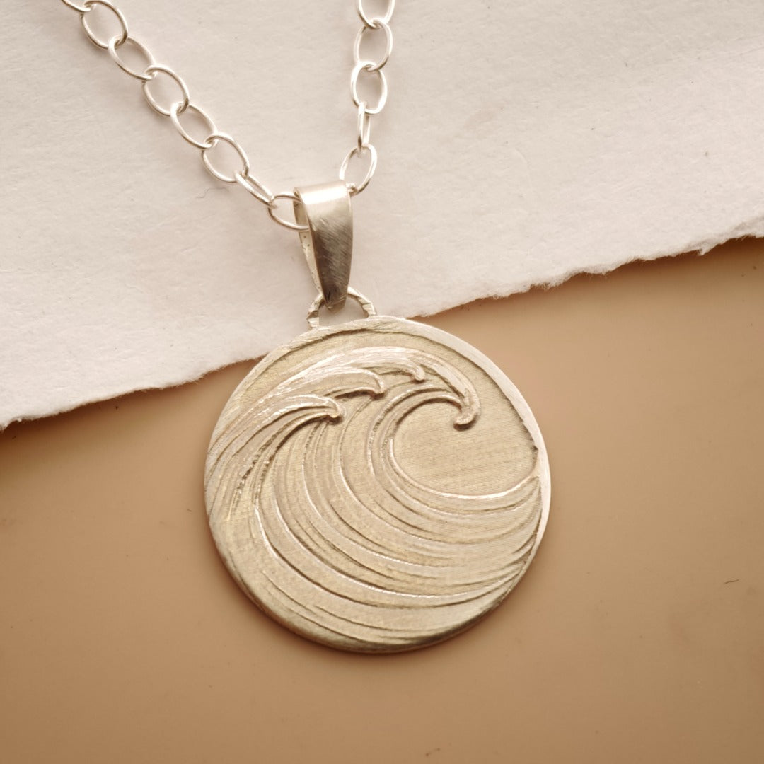 Wave Engraved Sterling Silver Coin Necklace