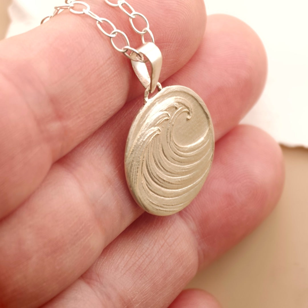 Wave Engraved Sterling Silver Coin Necklace