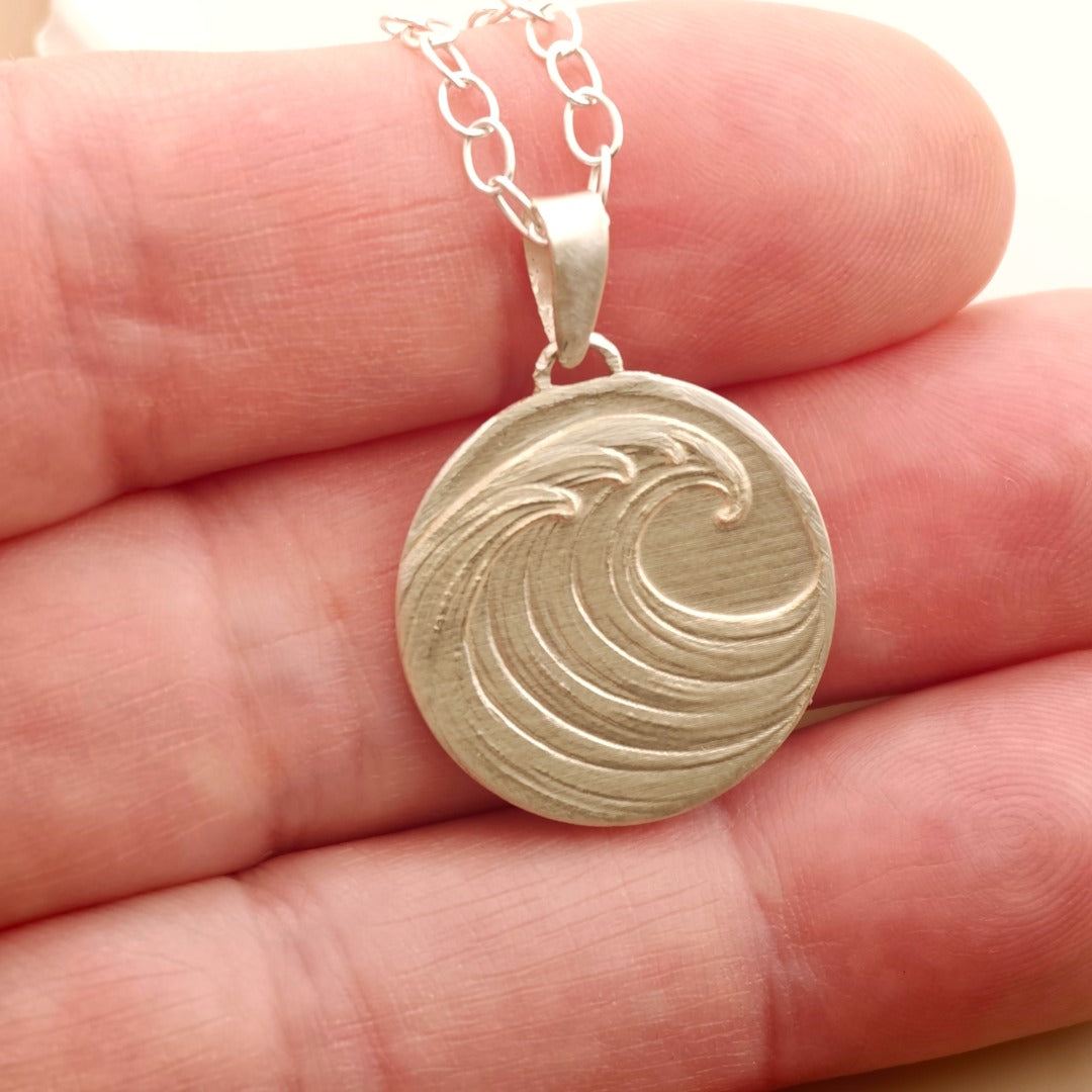 Wave Engraved Sterling Silver Coin Necklace