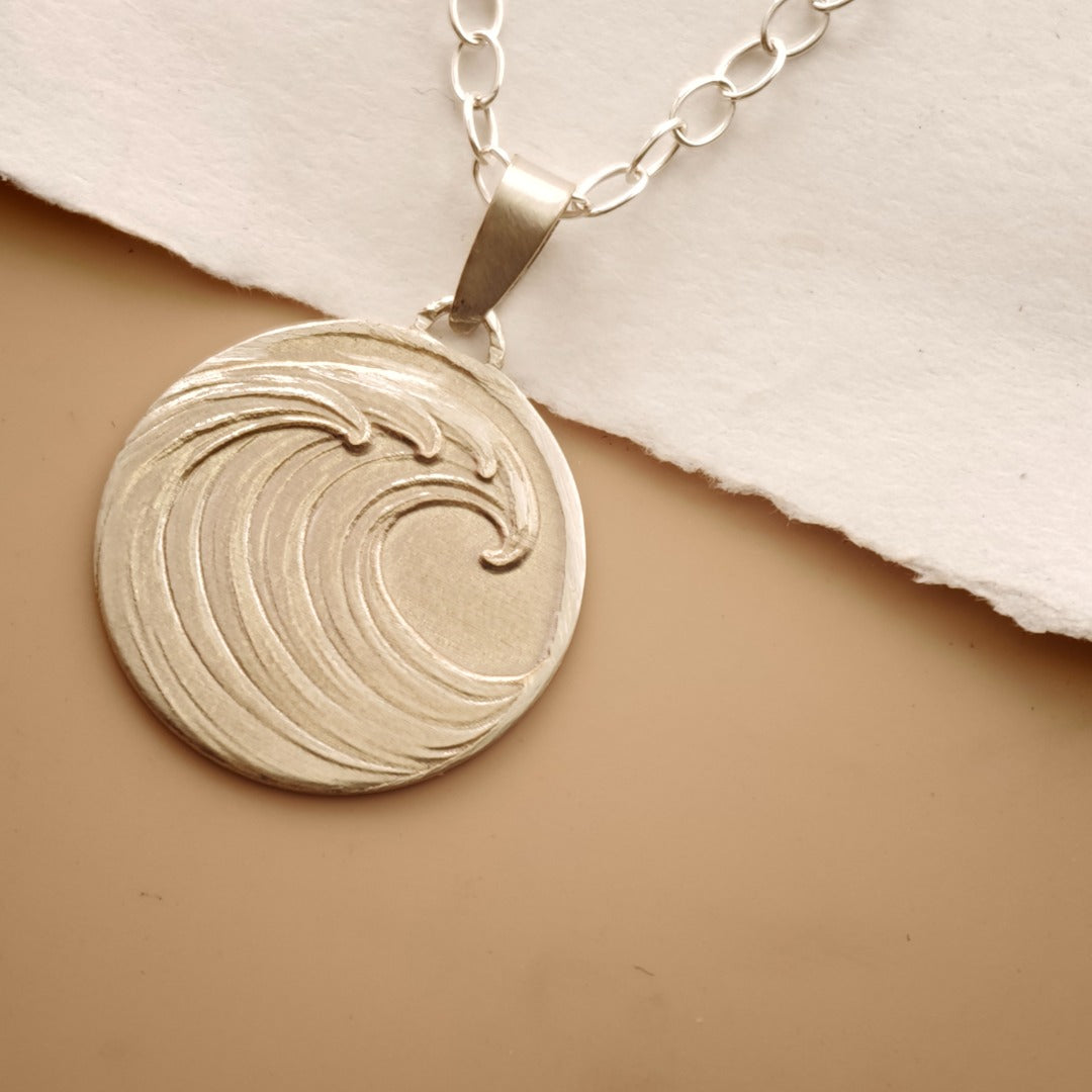 Wave Engraved Sterling Silver Coin Necklace