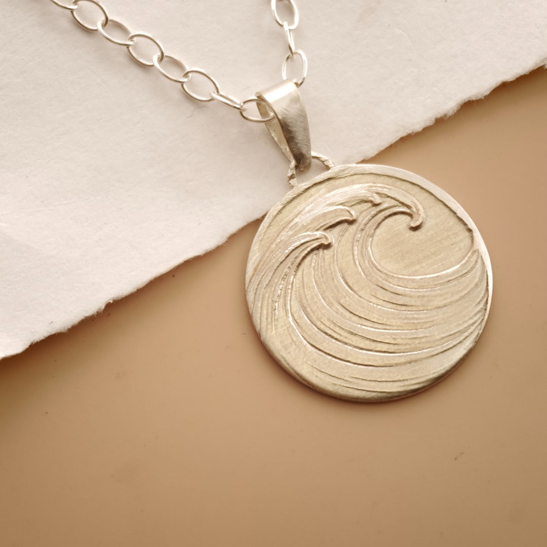 Wave Engraved Sterling Silver Coin Necklace